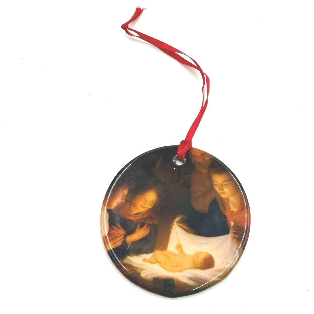 Religious Nativity‎ Scene Ceramic Round Christmas Ornament Baby Jesus 3 Inch
